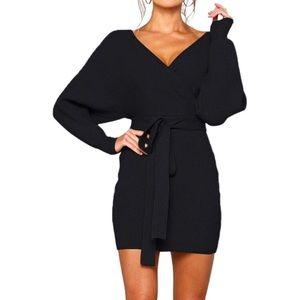 Women's Sweater Dress Sexy V Neck Long Sleeve Backless Wrap Knitted Mini Dresses